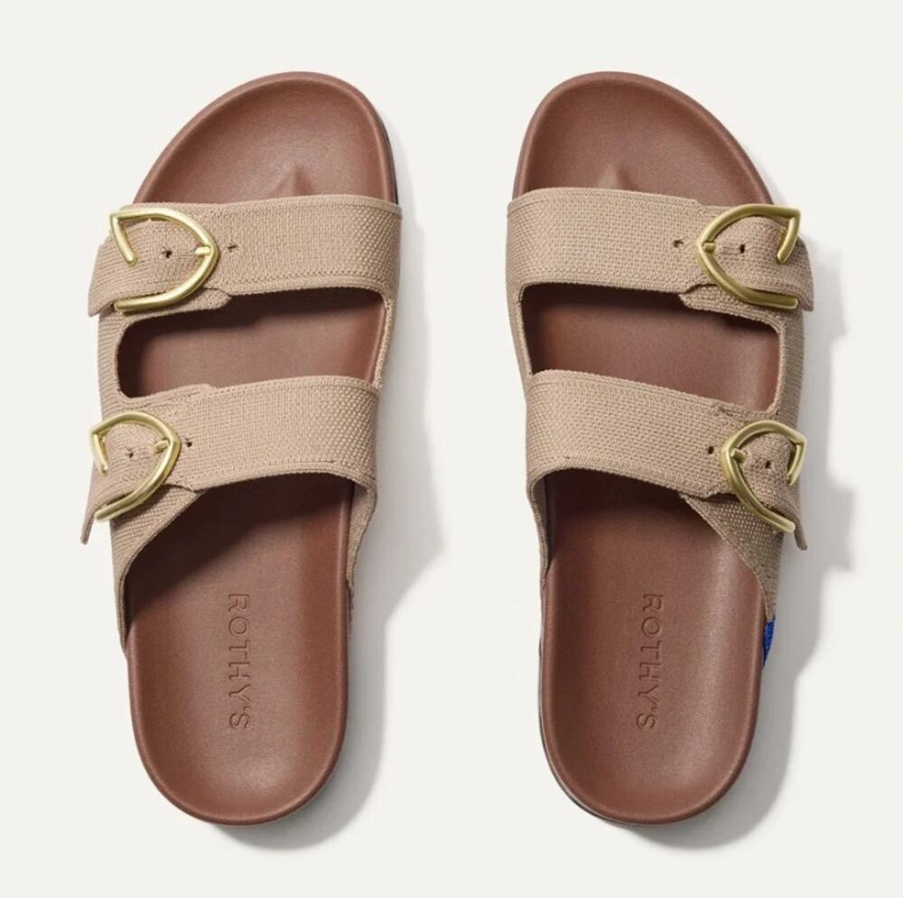 NIB Rothy's The Buckle Slide Dune Tan Neutral Sandals Size 10.5 Washable